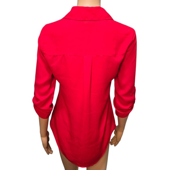 IZ Byer women's XS red chiffon button down roll tab thin blouse top pocket - Picture 5 of 6
